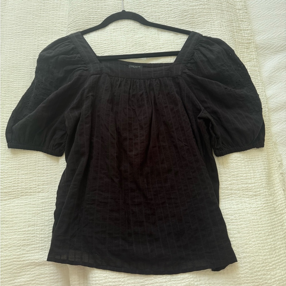 Ann Taylor Factory Black Smocked Puff Sleeve Blouse
